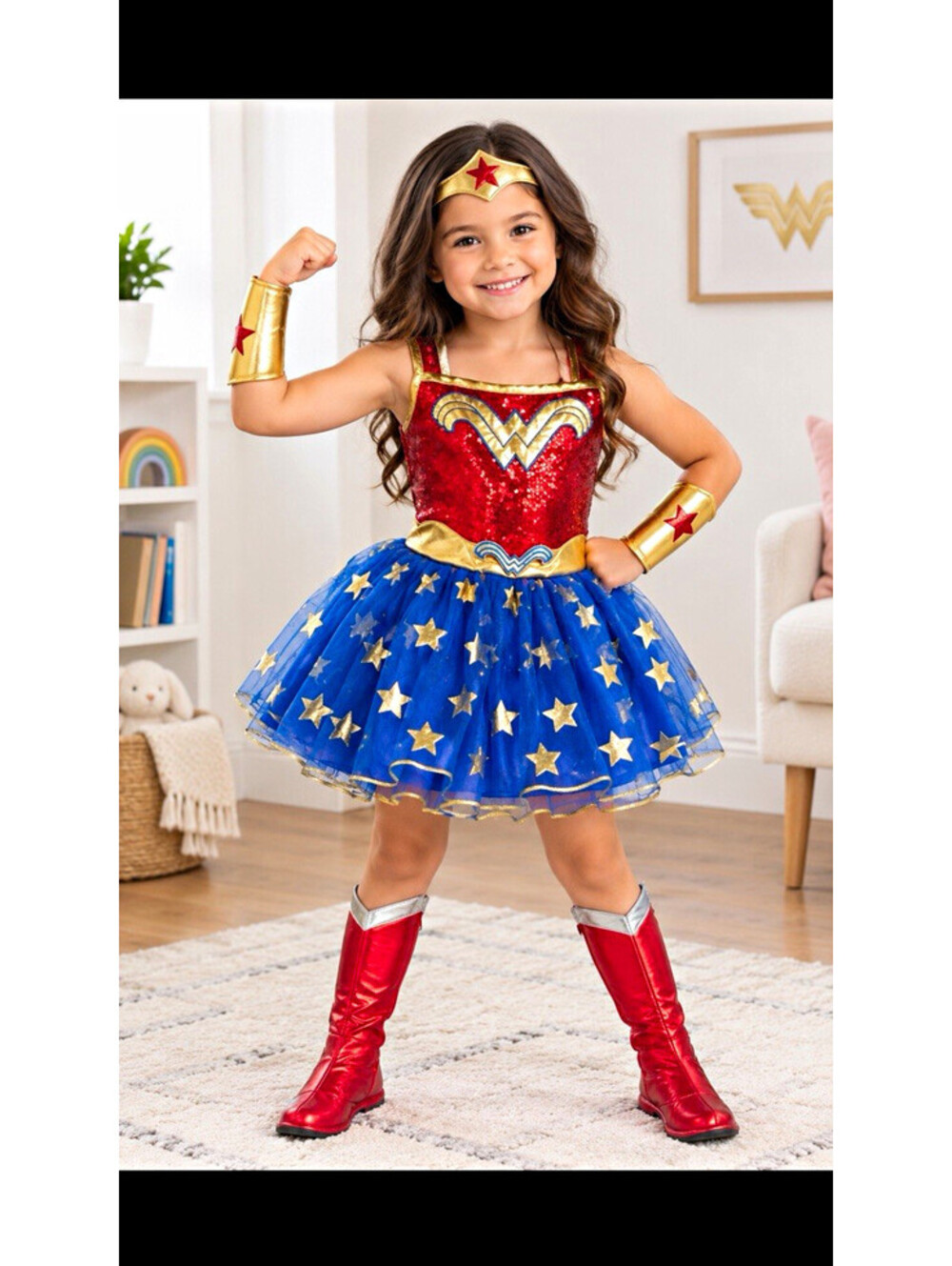 Wonder Woman Girls Sequin Dress Costume S Red/Blue/Gold w/Boots Headband